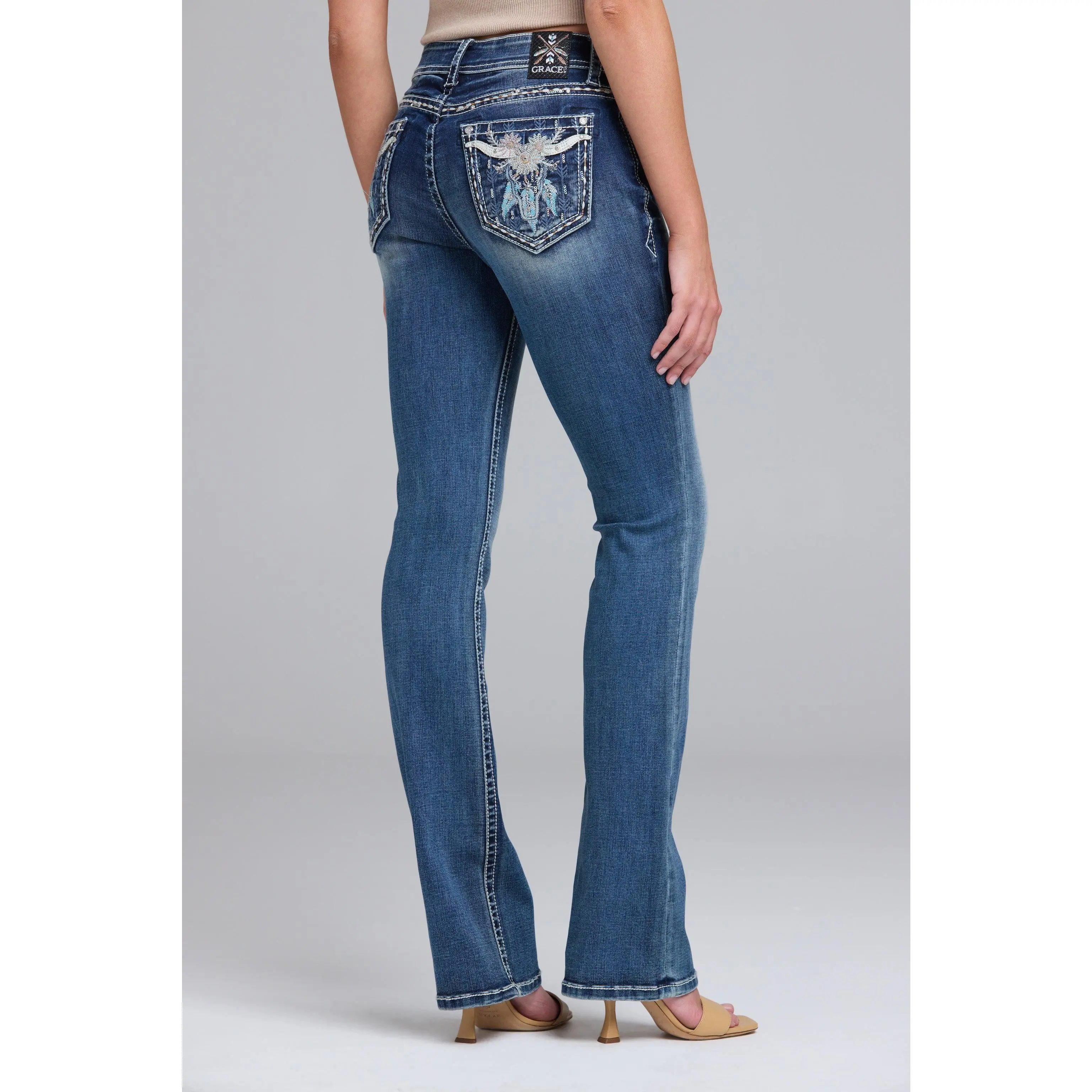 Steer Head Floral Embroidered Bootcut Jeans Women Mid Rise Medium Wash Rhinestone Western Denim