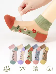 5 Pairs of Women's Spring Plant Floral Glass Short Socks Sheer – Transparent glass silk reveals beautiful plant veins, sexy and natural with artistic flair, pairs with heels to show subtle feminine charm, Summer