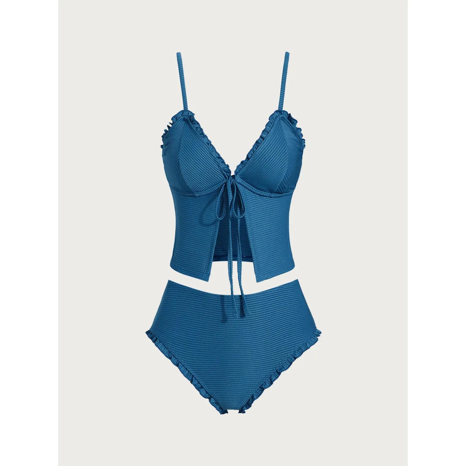 SAMIOL Women's Blue Ribbed Ruffle 3/4 Cup Tankini Set - High Coverage Loose Swing Hem Flowy Top, Slim Anti-Fade Easy-Clean Tie Swim Shorts for Daily Swimming