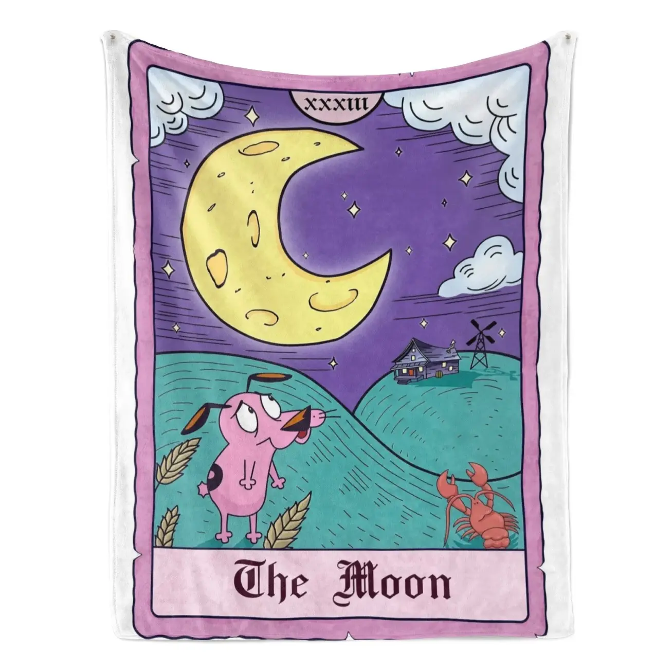 Courage the Cowardly Dog The Moon Tarot Card Flannel Blanket – Whimsical tarot-style design featuring Courage under a glowing crescent moon, blending retro cartoon charm with mystical vibes, perfect for fans and cozy, spooky nights--Warm Haven Textiles