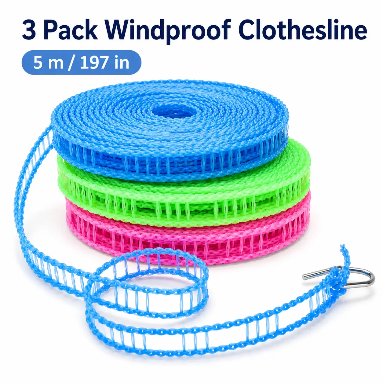 3 Pack Portable Travel Clothesline, 5m Adjustable Windproof Laundry Drying Line with Hooks for Camping, RV, Hotel, Dorm, Balcony & Home