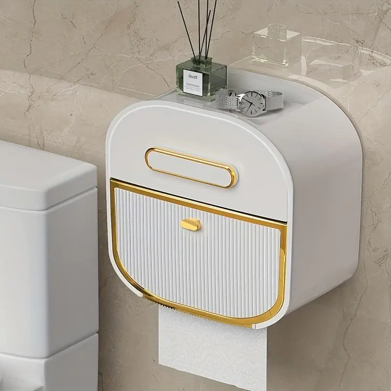 Wall Mounted Deluxe Bathroom Organizer, Punch Free Waterproof Bathroom Tissue Storage Box Drain Box, Plastic Toilet Paper Dispenser Storage Container with Drawer, Space Saving Easy Install Toilet Tissue Holder for Bathroom