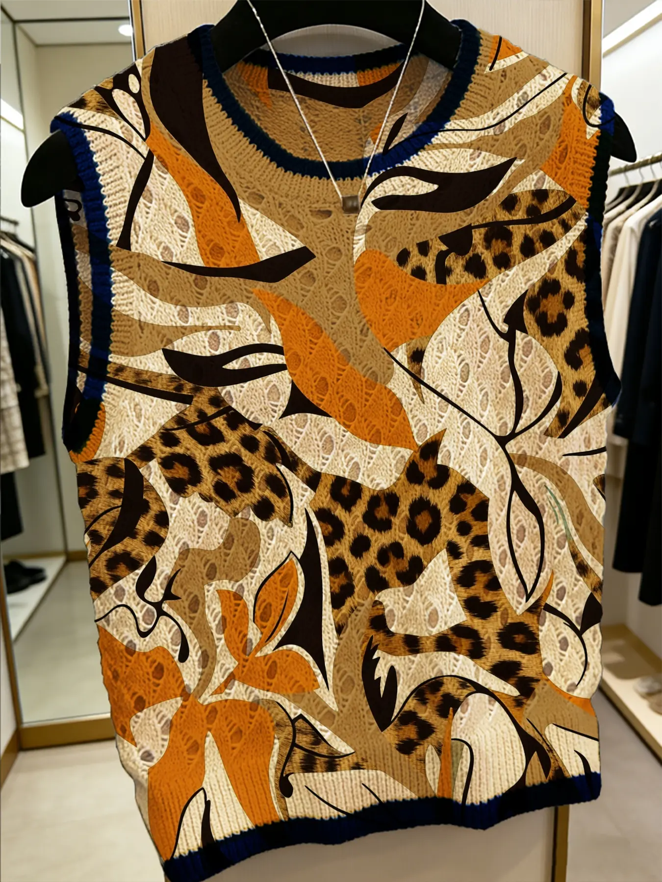 Women's Abstract Leopard Print Round Neck Vest Top, Casual Sleeveless Knit Sweater Vest, Lightweight Loose Vest, Elegant Sleeveless Vest, Breathable Spring Summer Fashion
