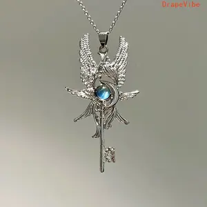 Vintage Moonstone Angel Wing Pendant Necklace, Minimalist Stylish Daily Wear Jewelry Accessories for Unisex Sports & Outdoor Fan Shop Gaming Enthusiasts