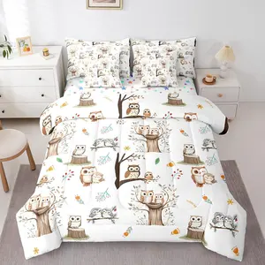 Kawaii Owl 7 Piece Comforter Set,Cartoon Animals Bedding Set for Boys Girls,Nursery Child Owl Family Birds Flat Fitted Sheet