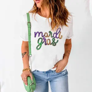 White Sequin Mardi Gras Graphic T Shirt, Crew Neck Casual Tee For Women, Soft Breathable Loose Fit Daily Party Street Holiday Outfit SummerVibes