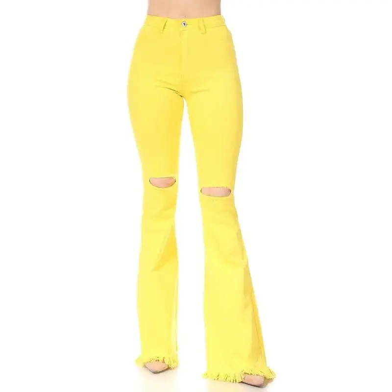 Yellow Ripped Knee Frayed Flare Jeans