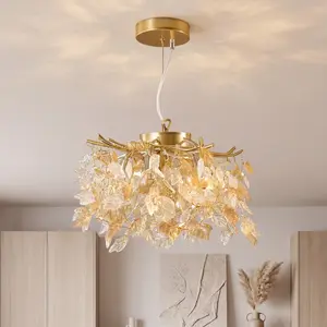 Modern Gold Crystal Mini Chandelier, Adjustable Pendant Light Fixture with Maple Leaf Crystal Design, G9 Base Ceiling Light, Indoor Decorative Light, for Hallway Foyer Staircase Dining Room Kitchen Island Closet Balcony Vanity Room, Bulbs Not Included
