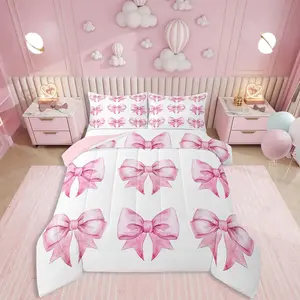 Feelyou Kawaii Bow Print Comforter Set - Breathable Soft Lightweight Microfiber Queen Bedding Sets for Girls, Princess Aesthetic Coquette Duvet Insert with Fantasy Butterfly Tie, Travel-Friendly Blanket, Breathable Soft Blanket