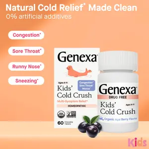 Genexa Kids Cold Crush | Multi-Symptom Cough & Cold, Sore Throat, Congestion Relief for Children | Delicious Acai Berry Flavor | Organic & Non-GMO | Homeopathic Remedy Made Clean | Chewable Tablets for Ages 4-11​