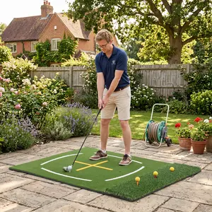 5x4 FT Golf Hitting Mat with Cross Stance Guide, Indoor Outdoor Golf Practice Mat Set with 7 Tee Positions, Heavy Duty Non-Slip Swing Turf for Backyard Garage Training, Includes Balls Tees & Strap