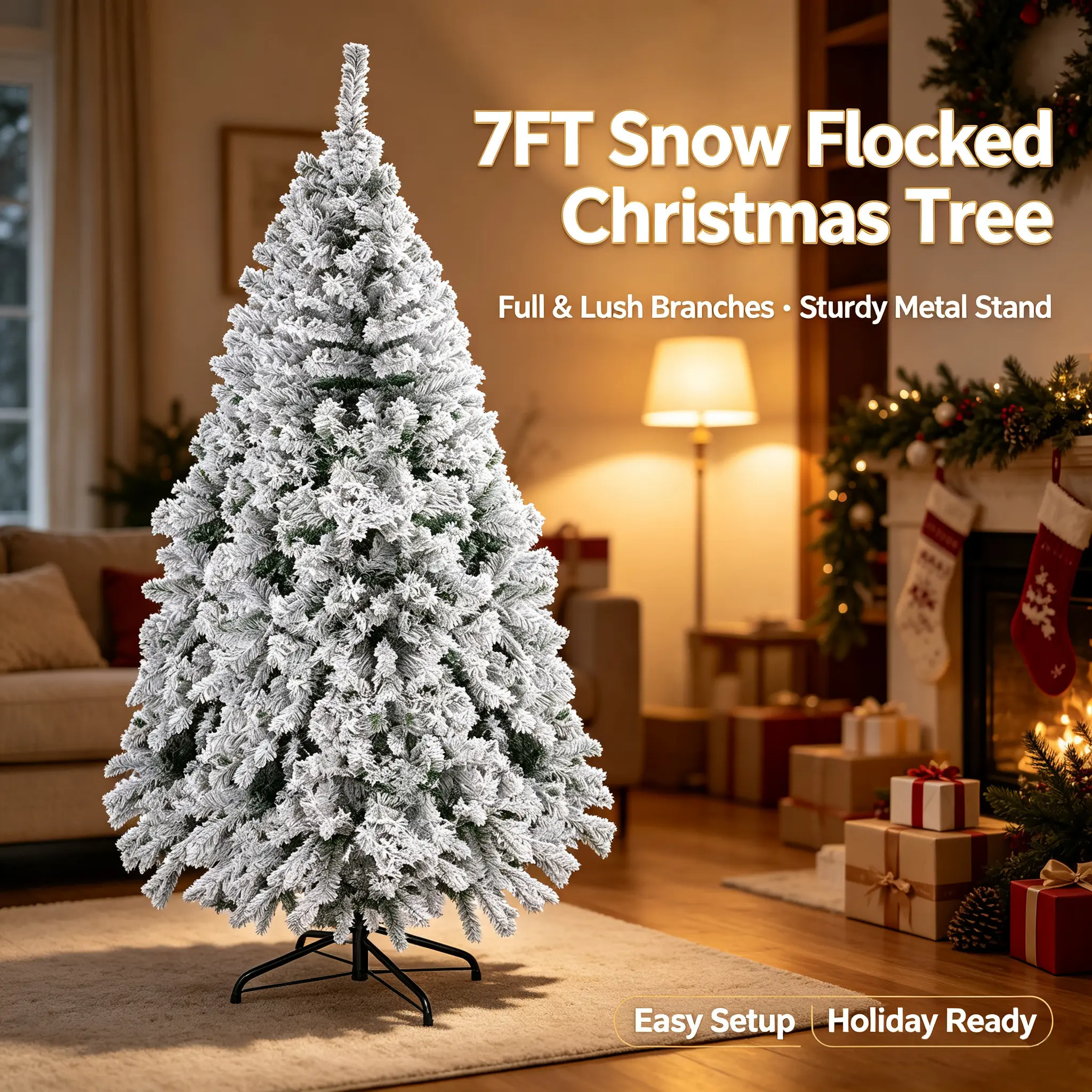 7FT Snow Flocked Artificial Christmas Tree / 7FT GREEN TREE, Full Green Pine Branches with Snowy Tips, Foldable Metal Stand, Unlit Fake Xmas Tree for Indoor Holiday Home Decor