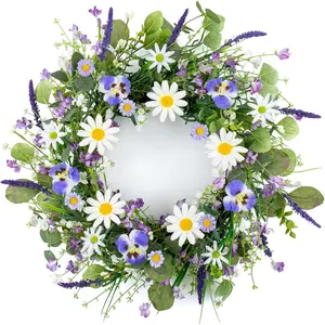 22 Inches Summer Wreath Rustic Summer Wreaths for Front Door Spring Flower Wreath Farmhouse Spring Floral Wreaths with Blue Phalaenopsis Orchid for Window Wall Porch Indoor Decoration