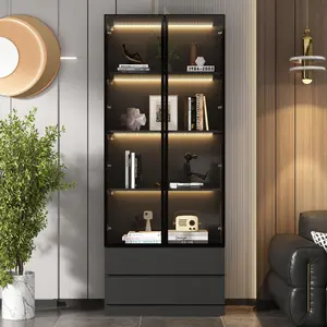 FUFU&GAGA Tall Storage Bookcase with Glass Display Cabinet 2 Drawers LED Lights for Livingroom Modern Aesthetic Organization Design