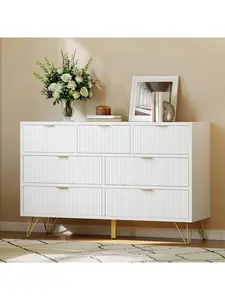 【Christmas Gift】Modern 47inch Wide Modern White Dresser For Bedroom  7 Drawer Dresser  Wooden Chest Of Drawer With Gold Metal Legs And Handles  Narrow Entryway Table Storage Organizer For Living Room  Hallway  Entryway