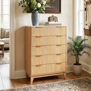Modern 5 Drawer Dresser for Bedroom with Gold Handles | Fluted Vertical Storage Organizer | Narrow Tall Chest of Drawers for Living Room, Entryway, Closet Organization