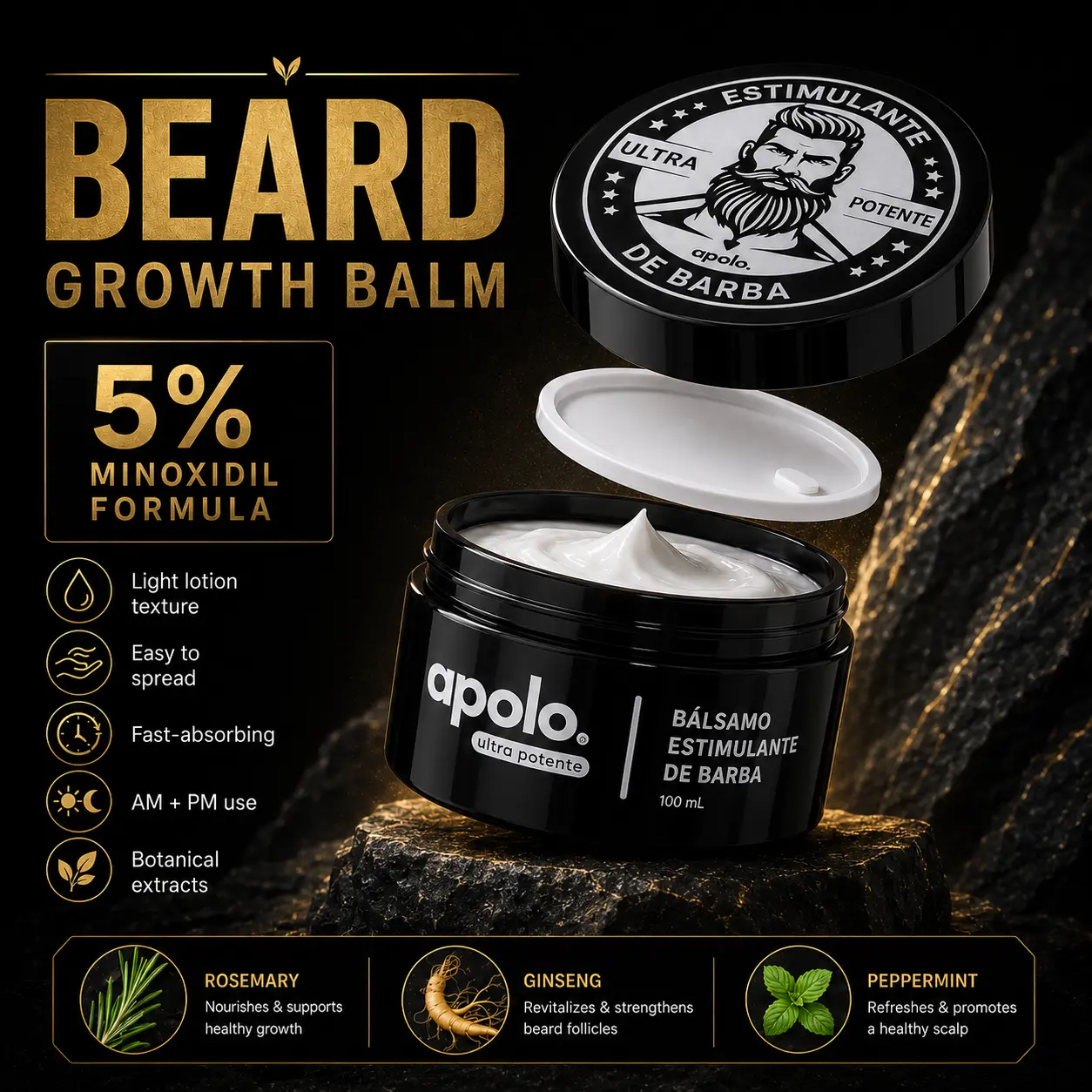 Apolo Ultra Potente Minoxidil Beard Growth Cream, Men’s Beard Thickening Stimulant, Wake Dormant Hair Follicles, Repair Sparse Beard & Patchy Beard, Boost Fuller, Thicker Beard Growth Fast