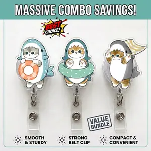 [Best Value Bundle] Summer Cat Cosplay Badge Reel Combo - Cute Retractable ID Badge Holder - Durable Acrylic Name Tag Clip - Perfect Gift for Student