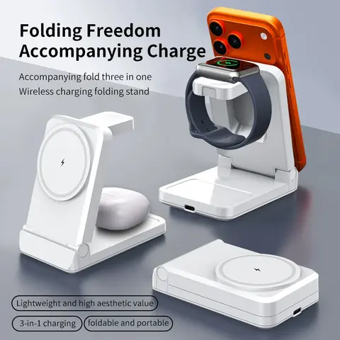 3-in-1 Magnetic Phone Charger - Portable Foldable Stand with Type-C Port, Magnetic Charging Solution for Smartphones, Earbuds, Watch