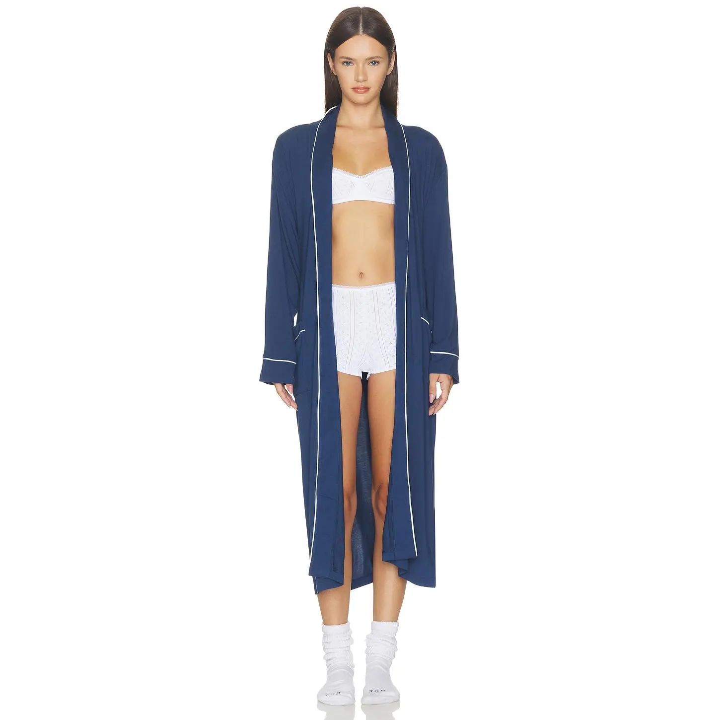 eberjey Gisele Long Robe in Navy & Ivory
