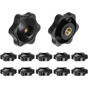 12pcs 6-Point Star Knobs M5 Female Thread 32mm, Screw-in Threaded Hand Knob Clamping Handle with Plastic Head Brass Insert Through Hole, Black