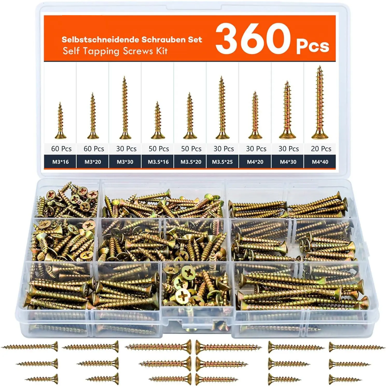 360-Piece Countersink Flathead Wood Screws Set - Phillips Self-Tapping Screws in M3/3.5/4/16/20/25/30/40mm Sizes, Includes Screwdriver Bit, Durable for Industrial, Woodworking, Home Applications, Countersink Wood Screws