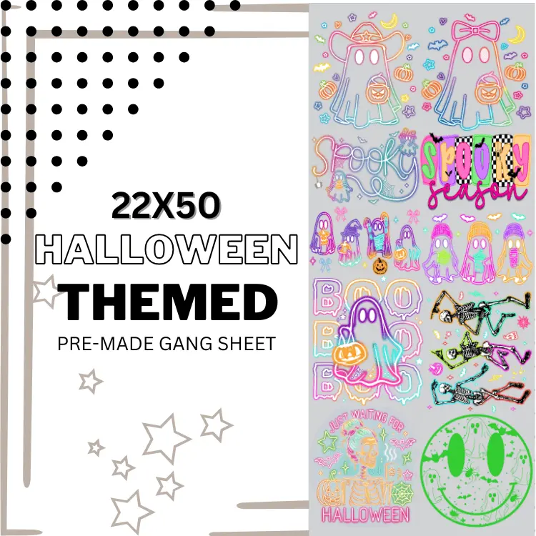 PRE-MADE GANG SHEET HALLOWEEN NEON DTF DIRECT TO FILM transfers size 22x50
