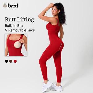 BRXL Women's Square Neck Ribbed Sleeveless Seamless Built-in Bra Solid Color Jumpsuit, Stretchable Stylish Activewear, Sportswear Jumpsuits with Tummy Control for Fitness Yoga, Casual Wear,summerwins