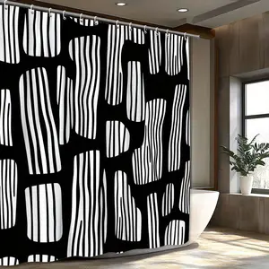 1pc Black & White Abstract Stripe Shower Curtain - Modern Dynamic Design, Durable Polyester Fabric, 70x70 Inches with 12 Hooks, Machine Washable Bathroom Decor for Contemporary Homes, Rustic Shower Curtain, Smooth Texture Fabric
