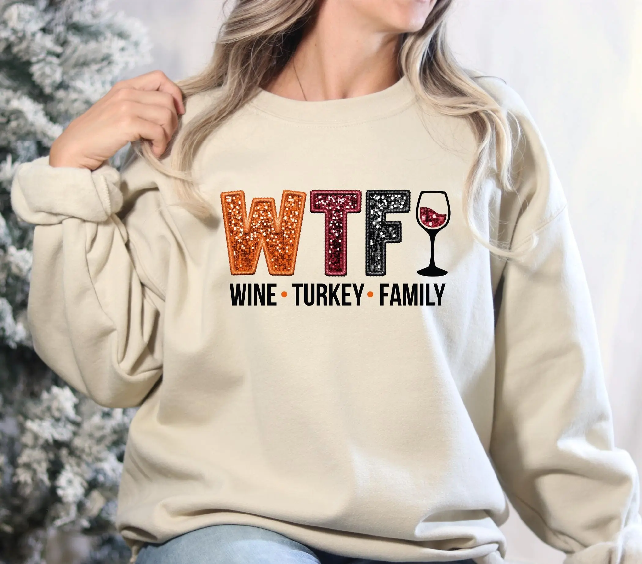 Wine Turkey Family Sweatshirt, WTF Sweatshirt, Thanksgiving Sweater, Funny Turkey Sweatshirt, Funny Thanksgiving Shirt, Not Embroidery Crewneck Crewneck Tops Underwear Women Lady Cotton Womenswear Clothing
