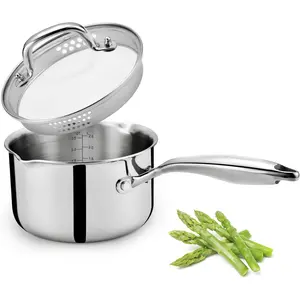 2.0 Quart Saucepan with Lid, Stainless Steel Sauce Pot with Strainer Lid, Two Side Spouts for Easy Pour with  Handle, Dishwasher Safe