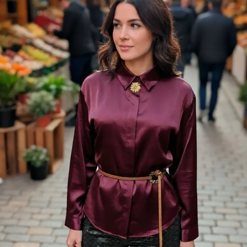 Vanesa010-Shirt with Button Collar 100% Polyester Elegant Maroon Satin Blouse for Women