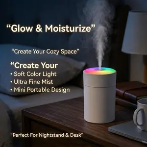 USB Mini Humidifier with Soft Color Ambient Light, Quiet Cool Mist Air Humidifier for Home, Office, Bedroom & Dorm, Compact Desktop Moisturizer for Students, Professionals, Reading, Sleeping & Working