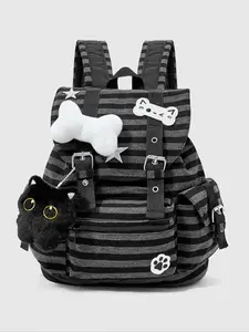 CYX Punk Style Cat Paw Print Bone Star Colorblock Striped Multi-Pocket Backpack, Fashion Casual Unisex Large Capacity Bag for Commuting School, Trendy Backpack