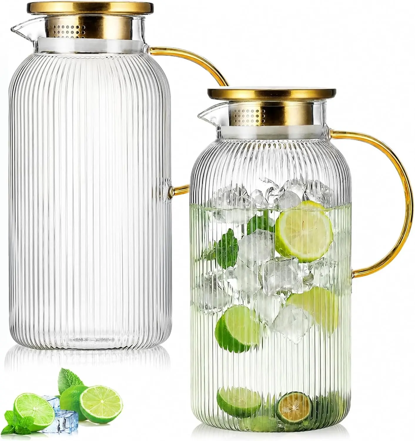 Vertical Stripe  Glass Pitcher with Lid, 68oz Round Pitcher with Handle, Heat Resistant, Suitable for Refrigerator Storage, Iced Tea, Coffee and Beverage Container, Drinkware
