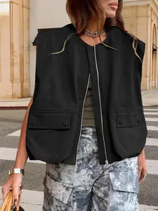 Women's Solid Zip Up Vest Jacket, Zip Up Coats, Casual Sleeveless Outerwear for Daily Wear, Ladies Clothes for All Seasons Clothing