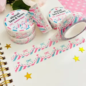 Airmail Lacy Bows Washi Tape - Scrapbook Stationery, Rose Pink Sky Blue, Ribbon Lace