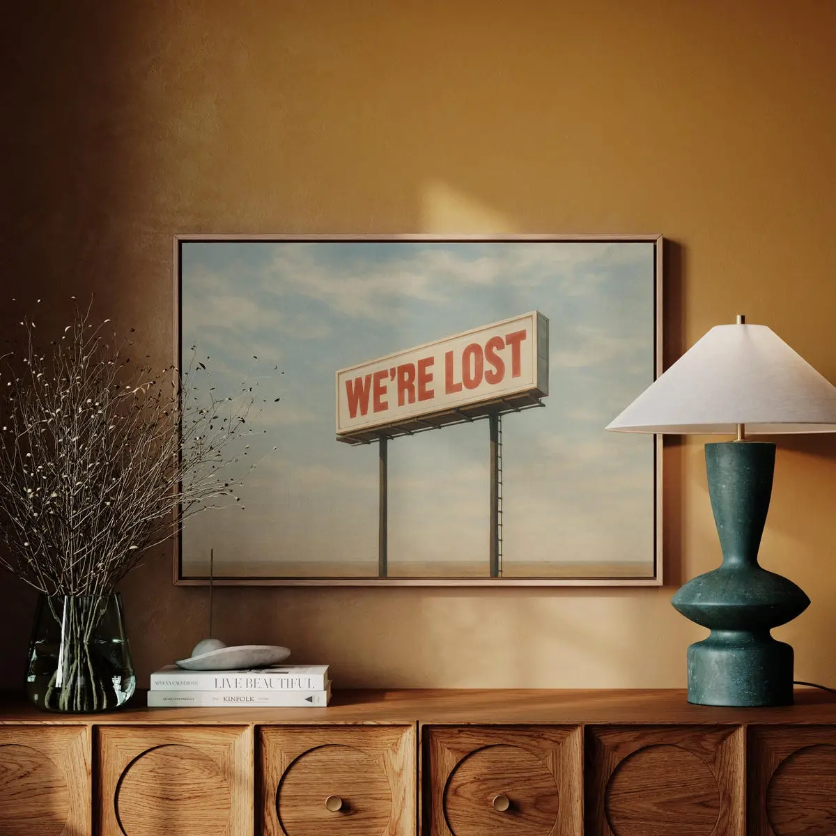 We’re Lost Billboard Wall Art – Retro Surreal Desert Landscape Poster for Modern Road Trip Or Gallery Style Decor, Room Decor, Unframed