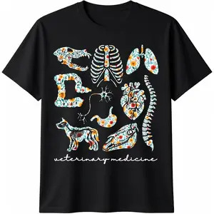 Floral Veterinary Anatomy Vet Tech Veterinary Technician Casual Short Sleeve Cotton T-Shirt