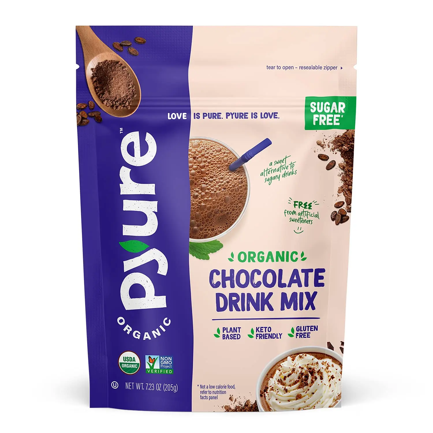 Pyure Organic Sugar Free Chocolate Drink Mix | Low Carb Chocolate Milk Powder with Cocoa | Keto, Vegan, Gluten-Free, Plant-Based | 1 Net Carb, Zero Sugar, Non-GMO, USDA Organic | 7.23 oz – 7.23 Ounce (Pack of 1)