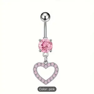 Cute Y2K Stainless Steel Dangling Belly Button Ring with Pink Color, 316L Surgical Steel & Cubic Zirconia Crystals, 3/8" Barbell Length, 5 & 8mm Ball Sizes