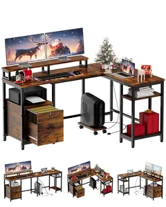 【GARVEE】L-Shaped Computer Desk with Built-in Power Strip, Reversible Design Gaming Workstation, Includes Monitor Stands, Adjustable Shelf & File Drawer - 3 Setup Options in Classic Brown Finish
