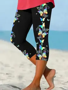 Women's Fitted Capri Pants, Butterfly Printed Non-Denim Fabric, Natural Waist, All Seasons Wear, Casual Style, Comfortable Fit
