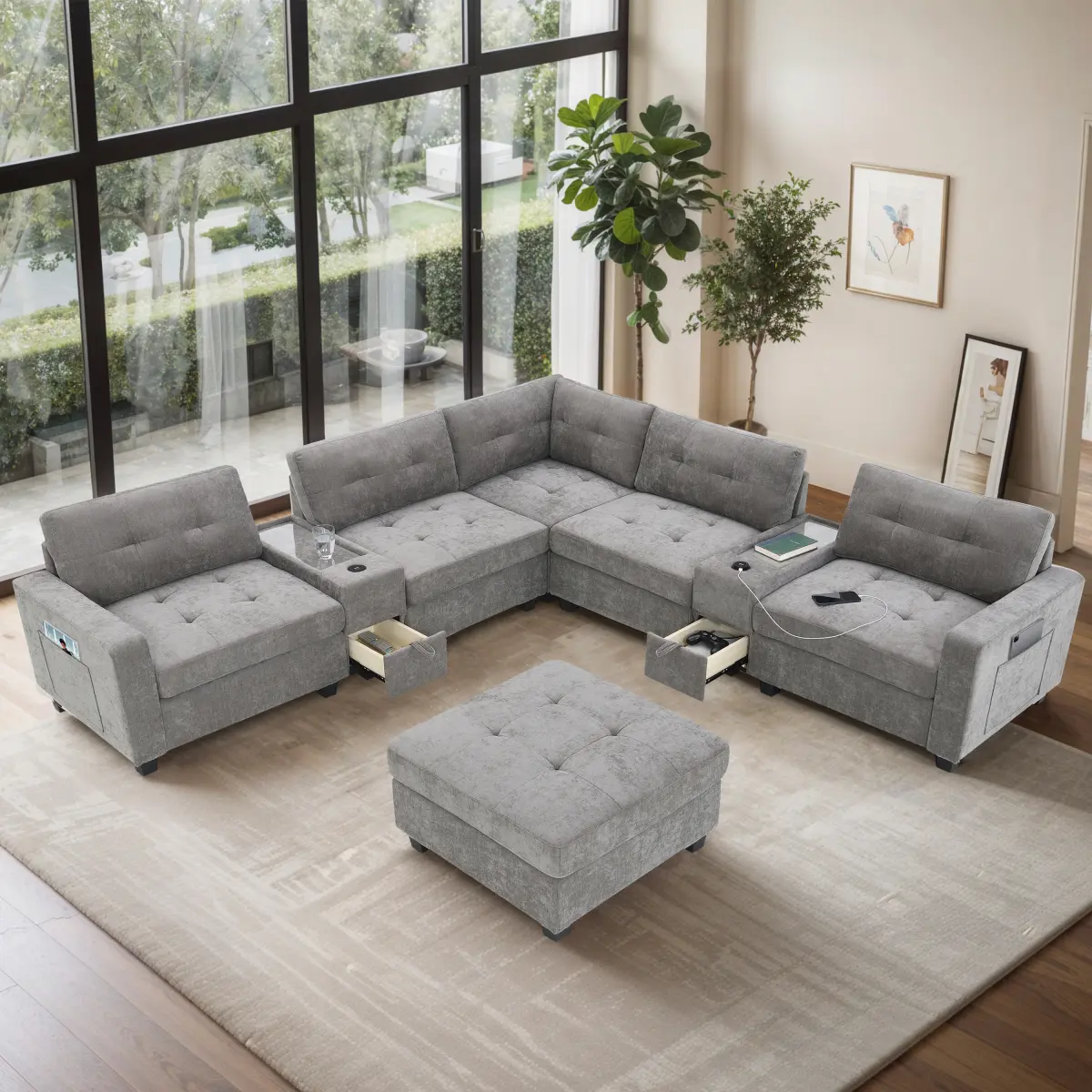 Aobtkel 104in L-Shape Tufted Chenille Modular Sectional Couch with Movable Ottoman, Storage Consoles, USB Charger, Acrylic Table Top | Multi-Piece Sofa Set, Apartment Furniture, Sofas Living Room, Living Room Couches