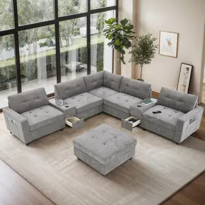 Aobtkel®104'' Sectional Sofa with Movable Ottoman, L-shaped Tufted Sofa with Storage Consoles, USB Charger, Acrylic Table Top, U-shaped Chenille Couch Set for Living Room#Summervibes