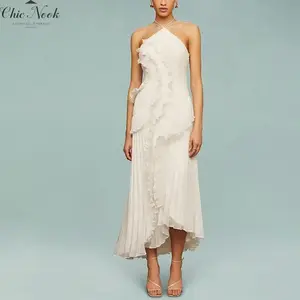 Women's Ruffle Halter Dress Sleeveless Solid Color Long Flowy Dress Summer A-Line Dress