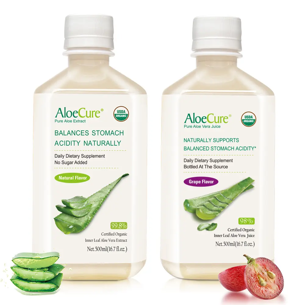 AloeCure Organic Aloe Vera Juice - 2-Bottle Sample Pack, Grape & Natural Flavors, 2x500ml, Chemical-Free Digestive Aid from Certified Organic Farms, Balances Stomach Acidity, Healthy Drink