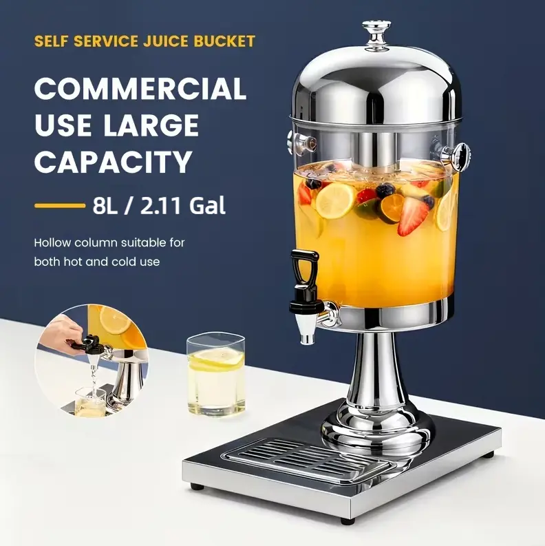 2.1 Gal Stainless Steel Hot & Cold Beverage Dispenser with Stand, Center Ice Core & Drip Trays for Parties, Beer, Water