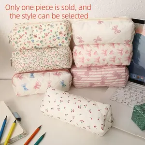 Floral Heart Bow Print Pencil Case, Back-To-School Stationery Storage Box, Dual-Sided Printed Bag, Portable Multi-Functional Office & School Pencil Holder, Office Desk Accessories, Office Supplies, Writing Stationery
