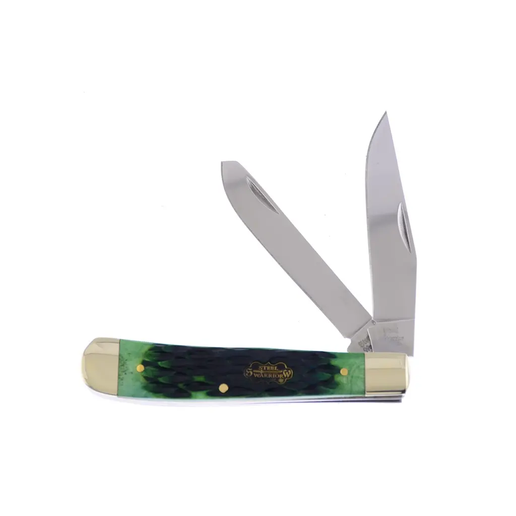 Steel Warrior Dark Green Brass Jig Bone Trapper Knife - 440 Stainless Steel Blade, Adult Hand Tool, Survival Tool, Portable Multipurpose Outdoor Camping Knife for Fishing, Hiking, Whittling, Carving, Survival Tools, Outdoor Camping Knives